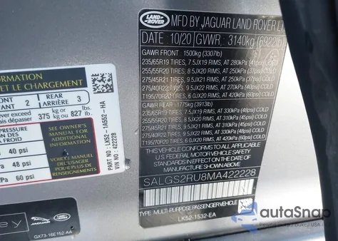 2021 Land Rover Range Rover Westminster z USA, uszkodzony, nr VIN SALGS2RU8MA422228